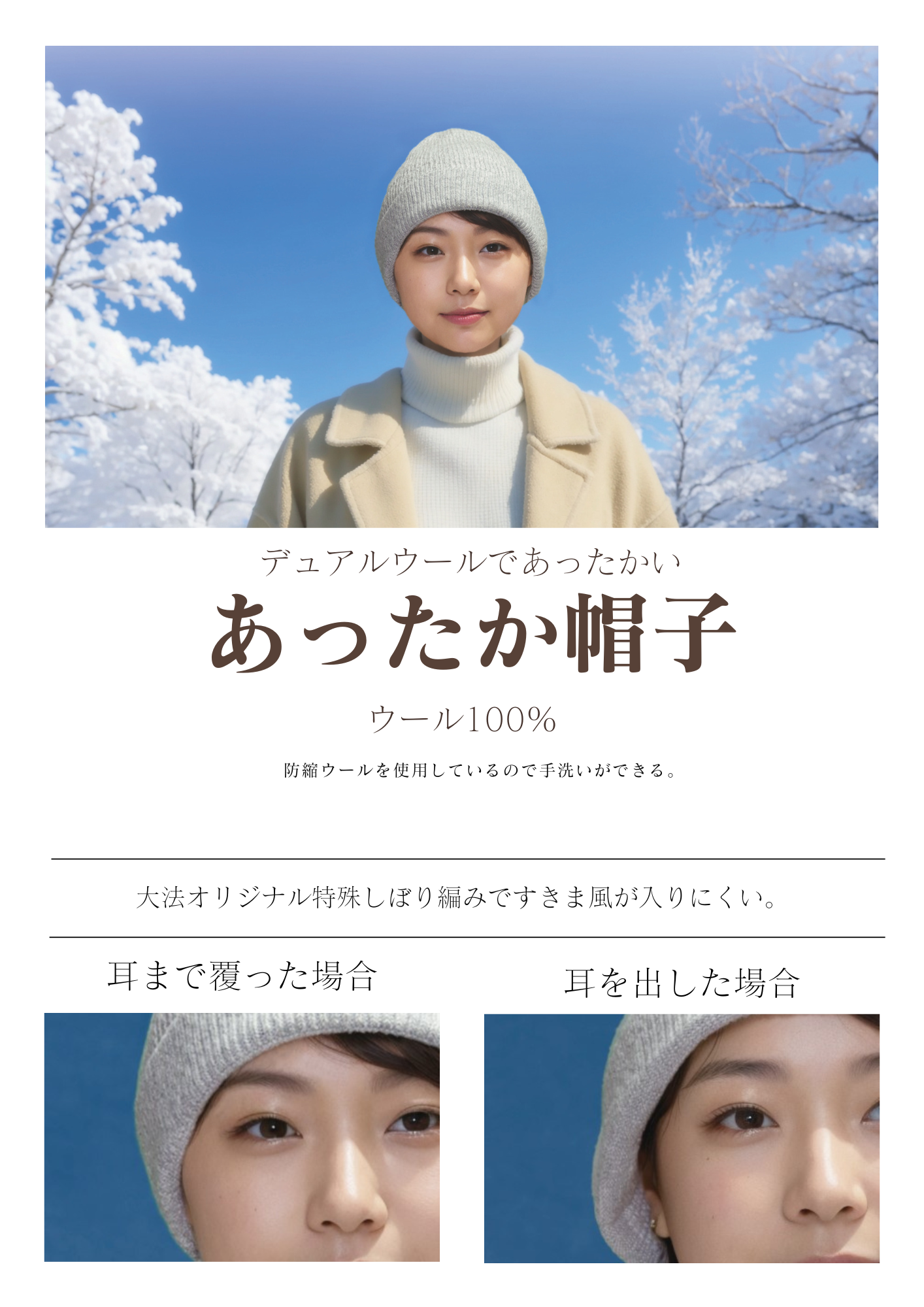 あったか帽子 ウール100%
