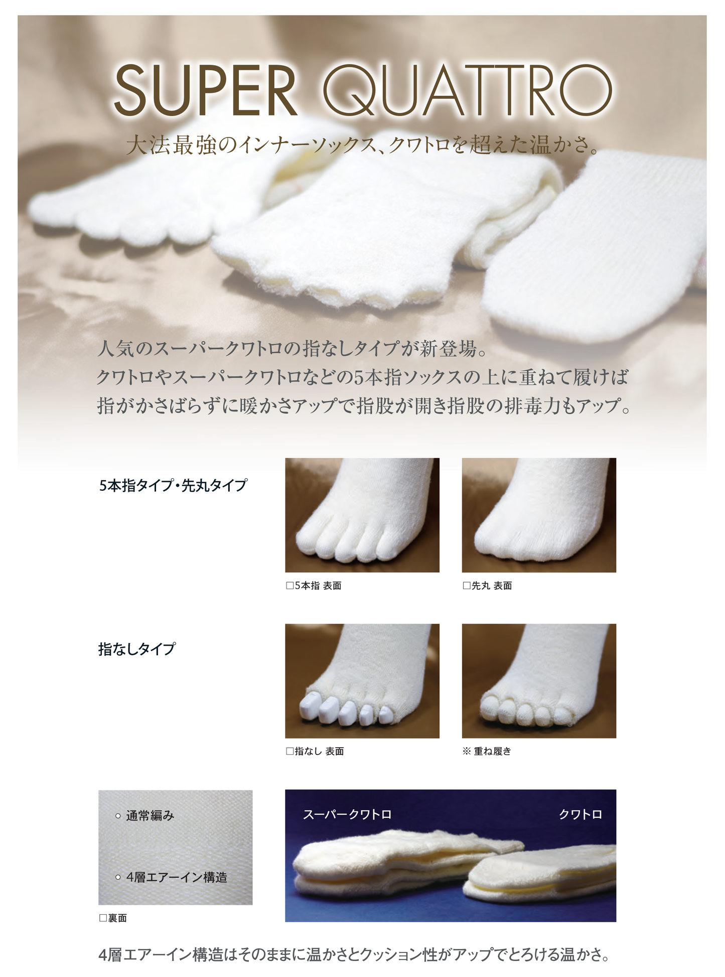 スーパークワトロ　シルク＆ウール　五本指/先丸/指なし